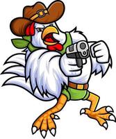 une coq portant une cow-boy costume dans action avec une pistolet vecteur