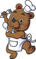 mignonne bébé ours dessin animé personnage portant chef vêtements porter cuillère et fourchette dansant vecteur
