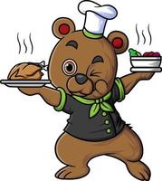 mignonne ours dessin animé personnage portant chef vêtements et chapeau porter une bol de soupe et frit poulet vecteur