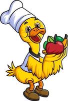 mignonne canard dessin animé personnage est une professionnel chef et apporte des fruits et des légumes vecteur