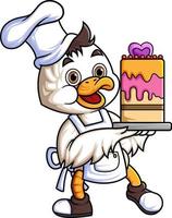 mignonne bébé canard dessin animé personnage portant chef vêtements et porter très gros anniversaire gâteau vecteur