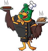 mignonne canard dessin animé personnage qui est une professionnel chef posant avec deux assiettes de nourriture vecteur