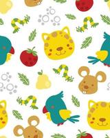 vecteur sans couture modèle de mignonne animaux dessin animé avec des fruits. chat, souris, oiseau et chenille