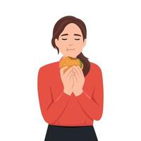 magnifique femme avec fermé yeux est en mangeant une cheeseburger. Fast food. vecteur