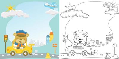 vecteur dessin animé de mignonne ours conduite Taxi, transport éléments, coloration livre ou page