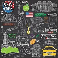 éléments de griffonnages de la ville de New York. dessiné à la main avec, taxi, café, hot-dog, statue de la liberté, Broadway, musique, café, journal, musée, parc central. dessin doodle collection, isolé sur blanc vecteur