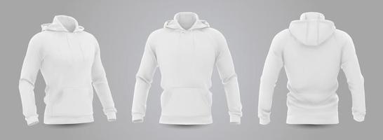 Maquette de sweat-shirt à capuche pour hommes blancs en vue avant, arrière et latérale, isolée sur fond gris. Illustration vectorielle réaliste 3D, sweat-shirt formel ou décontracté. vecteur