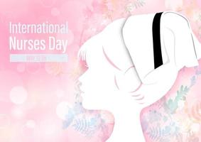 fermer blanc silhouette de femme tête porter une infirmière chapeau avec le journée et Nom de un événement sur coloré aquarelle et rose bokeh Contexte. vecteur