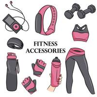 ensemble de vecteurs d'accessoires de fitness en style cartoon. illustration vectorielle isolée sur fond blanc. vecteur