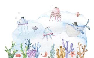 sous-marin illustration avec dessin animé marrant des poissons, puéril isolé desin vecteur