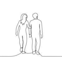 femme et homme en marchant ensemble - un ligne dessin vecteur. concept une couple sur une marcher, une femme détient sur à une homme main vecteur