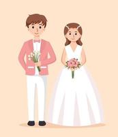 la mariée dans blanc robe et jeune marié dans costume. couple mariage vecteur illustration