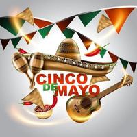 cinco de mayo vacances mexicaines. chapeau de sombrero, maracas et tacos et nourriture festive aux couleurs du drapeau mexicain. illustration vectorielle. vecteur