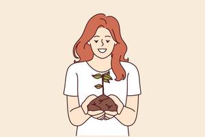 femme détient poignée de Terre avec plante dessin attention à problème de écologie et la pollution ou CO2 émissions. content fille Faire plante cultivation et se soucier pour environnement ou écologie comme bénévole vecteur