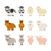 ensemble d'animaux de dessin animé mignon de ferme. vache avec pis, agneau, cheval, chèvre, âne, cochon. illustration vectorielle isolée sur fond blanc, style plat, profil et vues de face vecteur