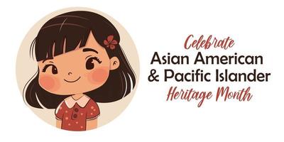 asiatique Américain, pacifique insulaire patrimoine mois vecteur bannière avec mignonne asiatique américain souriant fille. salutation carte, aapi patrimoine