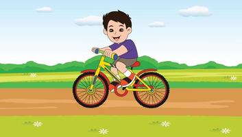 une garçon équitation une vélo dans jardin dessin animé personnage vecteur
