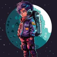 perdu dans espace, un illustration de un astronaute garçon dans une espace costume en pensant de Quelqu'un loin une façon vecteur