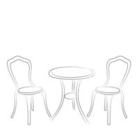 esquisser de main tiré contour table et deux chaises isolé sur blanc, café, restaurant vecteur