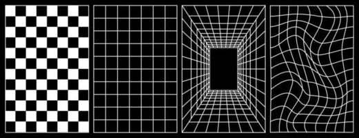 ensemble de déformé verticale la grille modèle et damier modèle. y2k retrowave formes, délirer, onde de vapeur. blanc branché formes. branché rétro années 1980, années 90, années 2000 style. imprimer, affiche, bannière. vecteur