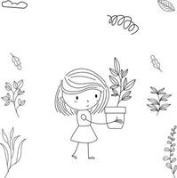 Facile et mignonne illustration de une enfant dans ligne art style en portant une mis en pot plante vecteur