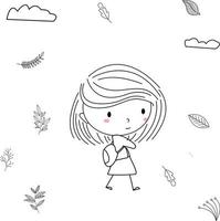 Facile et mignonne illustration de une enfant dans ligne art style en train de préparer à aller à école vecteur