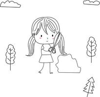 Facile et mignonne illustration de une enfant dans ligne art style ranger en haut les plantes avec les ciseaux vecteur