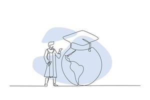 continu un ligne dessin de une diplômé étudiant avec une globe. vecteur illustration