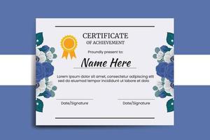certificat modèle bleu Rose fleur aquarelle numérique main tiré vecteur