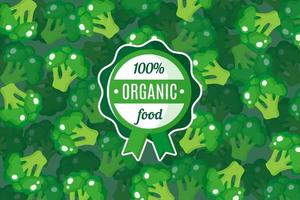 affiche de vecteur ou une bannière avec illustration de fond de brocoli vert et étiquette de nourriture biologique verte ronde