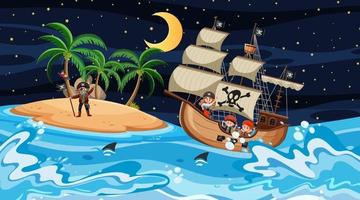 océan avec bateau pirate à la scène de nuit en style cartoon vecteur