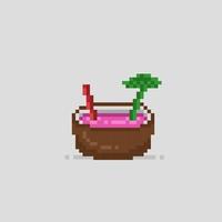 sirop dans noix de coco bol avec pixel art style vecteur