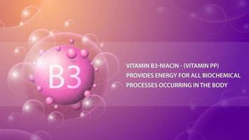 vitamine b3, affiche d'information rose avec capsule de médecine abstraite violette vecteur