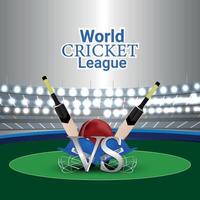 Ligue mondiale de cricket sur fond de stade avec équipement de cricket vecteur