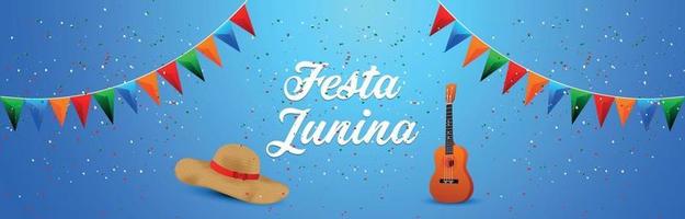 bannière d'invitation festa junina avec drapeau de fête coloré et lanterne en papier vecteur