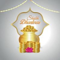 fond de dhanteras avec pot de pièces et diya vecteur