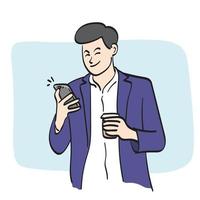 ligne art homme d'affaire en utilisant téléphone intelligent et à emporter café tasse dans main illustration vecteur main tiré isolé sur blanc Contexte