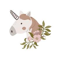 main tiré mignonne Licorne affronter. la magie klaxon avec floral éléments vecteur illustration. conception pour des gamins affiches, cartes, mur art impressions et vêtements.