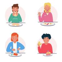 femmes et Hommes qui manger différent nourriture dans une plat style vecteur