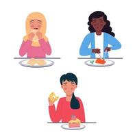 multinational femmes Afro-américain, hijab musulman femme en mangeant différent nourriture vecteur