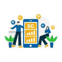 les gens apprécient les services 5g pour la communication avec les téléphones portables et les ordinateurs illustration vectorielle, adaptés à la page de destination, à l'interface utilisateur, au site Web, à l'application mobile, à la rédaction, à l'affiche, au dépliant, à l'article et à la bannière vecteur