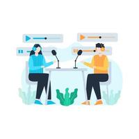 les gens enregistrent des podcasts de dialogue et sont écoutés par les auditeurs illustration vectorielle, adapté à la page de destination, à l'interface utilisateur, au site Web, à l'application mobile, à l'éditorial, à l'affiche, au dépliant, à l'article et à la bannière vecteur