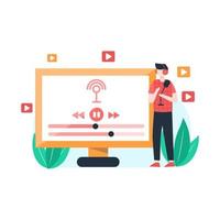 les gens enregistrent des podcasts de dialogue et sont écoutés par les auditeurs illustration vectorielle, adapté à la page de destination, à l'interface utilisateur, au site Web, à l'application mobile, à la rédaction, à l'affiche, au dépliant, à l'article et à la bannière vecteur