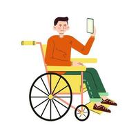 Jeune homme séance dans fauteuil roulant avec téléphone dans le main. gars vivant avec invalidité. plat illustration dans dessin animé style. vecteur isolé sur blanc Contexte.