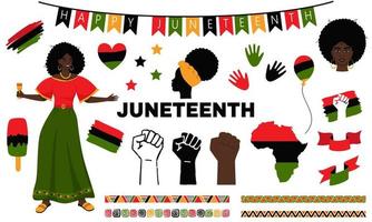 ensemble de éléments pour juneteenth nationale indépendance journée. africain américain histoire, liberté journée panneaux, symboles. une femme, une serré poing, une silhouette de Afrique. vecteur illustration isolé sur blanc