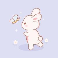 kawaii lapin en jouant avec papillon. mignonne animaux dans pastel couleurs et dessin animé style vecteur