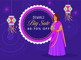 diwali gros vente affiche conception avec remise offre et Indien Jeune femme en portant assiette de pétrole lampe sur violet mandala modèle Contexte. vecteur