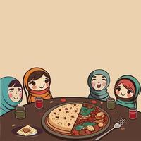 de bonne humeur musulman femelle des gamins profiter délicieux repas à à manger table et copie espace. vecteur