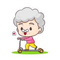 mignonne grand-mère dessin animé personnage. grand-mère équitation scooter. gens et famille concept conception. adorable chibi vecteur illustration