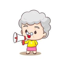 mignonne grand-mère dessin animé personnage en portant mégaphone. gens concept conception. plat adorable chibi vecteur illustration. isolé blanc Contexte